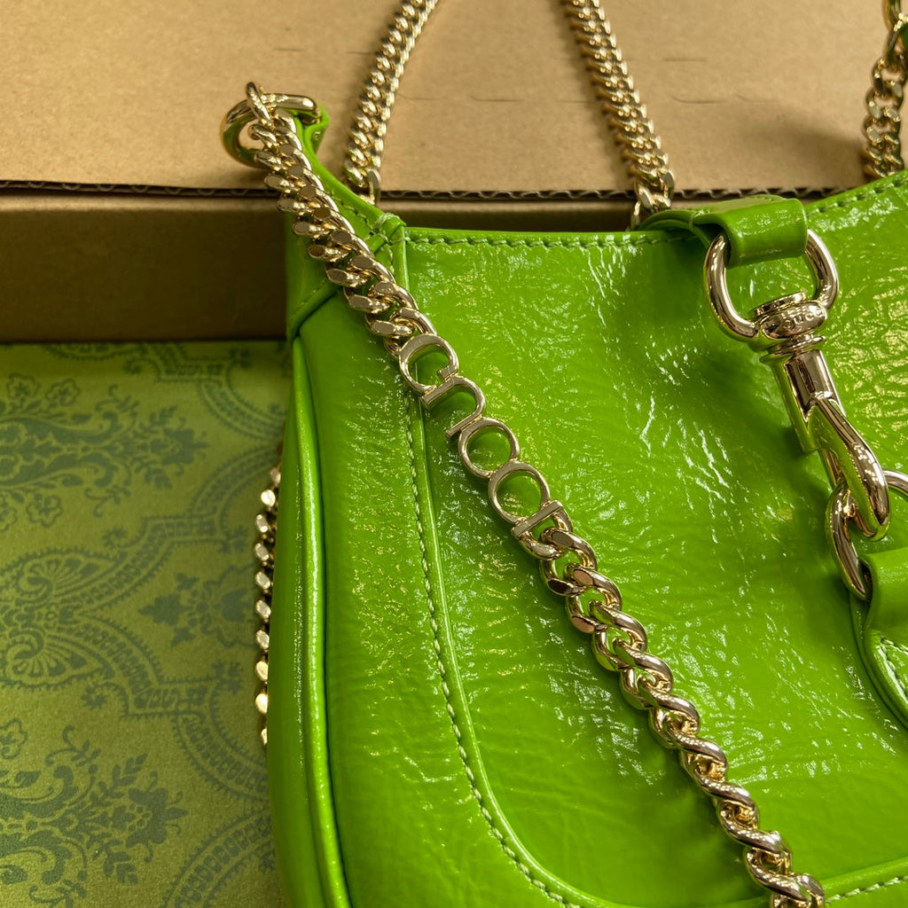 GUCCI JACKIE NOTTE MINI BAG 19 IN LIME GREEN CRACKED LACQUER CALFSKIN GOLD HARDWARE
