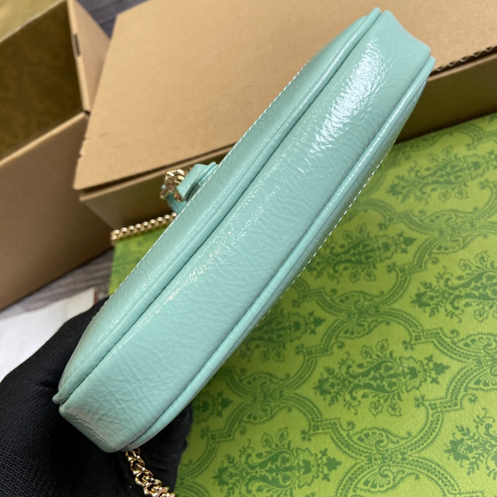 GUCCI JACKIE NOTTE MINI BAG 19 IN MINT GREEN CRACKED LACQUER CALFSKIN GOLD HARDWARE