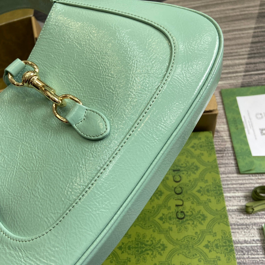 GUCCI JACKIE SMALL SHOULDER BAG 27 IN MINT GREEN CRACKED LACQUER CALFSKIN GOLD HARDWARE