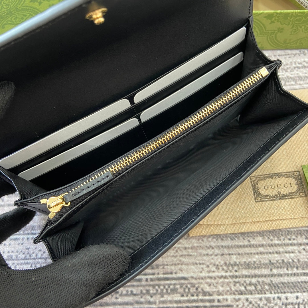 GUCCI CONTINENTAL WALLET 19 IN BLACK EMBOSSED CALFSKIN GOLD HARDWARE
