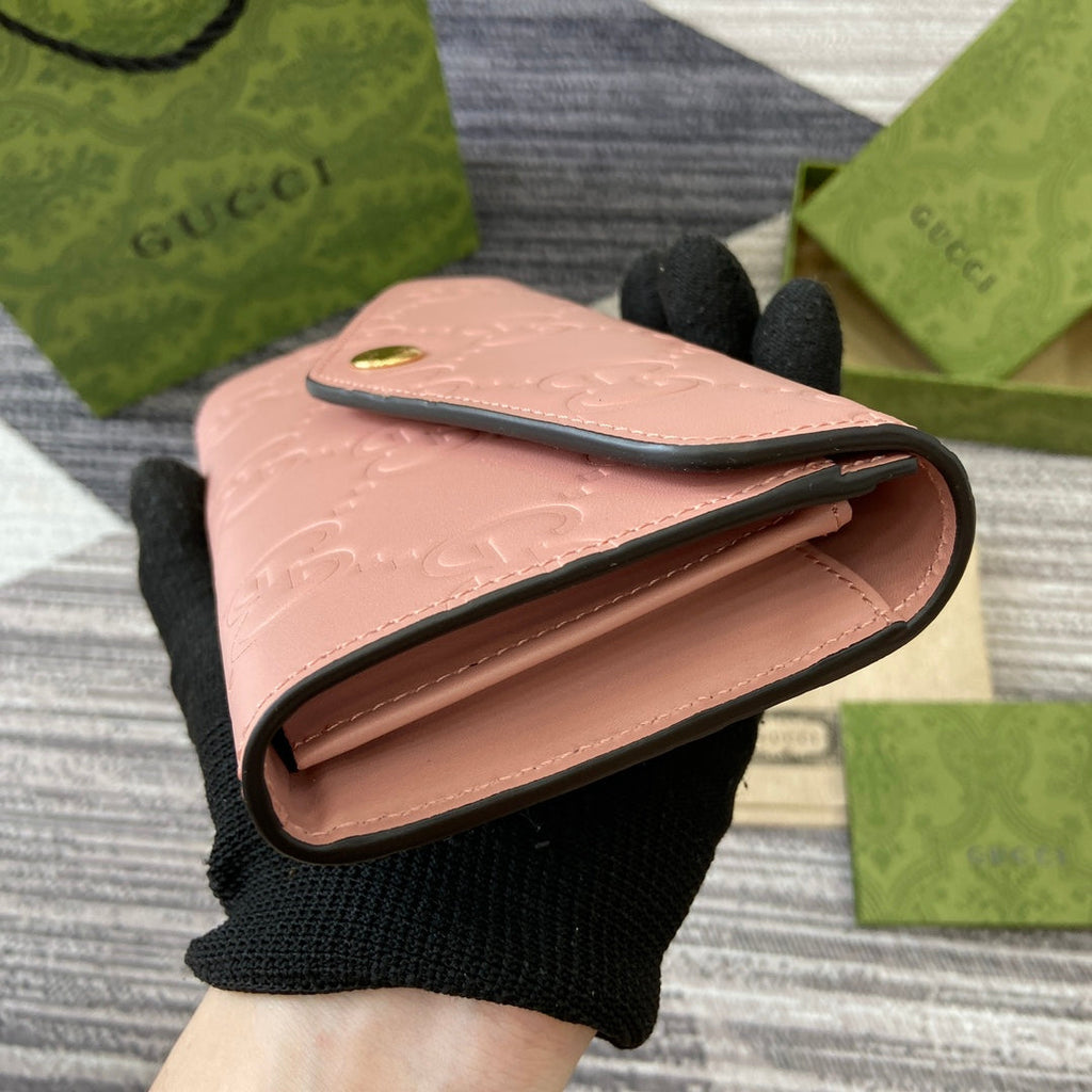GUCCI CONTINENTAL WALLET 19 IN PINK EMBOSSED CALFSKIN GOLD HARDWARE