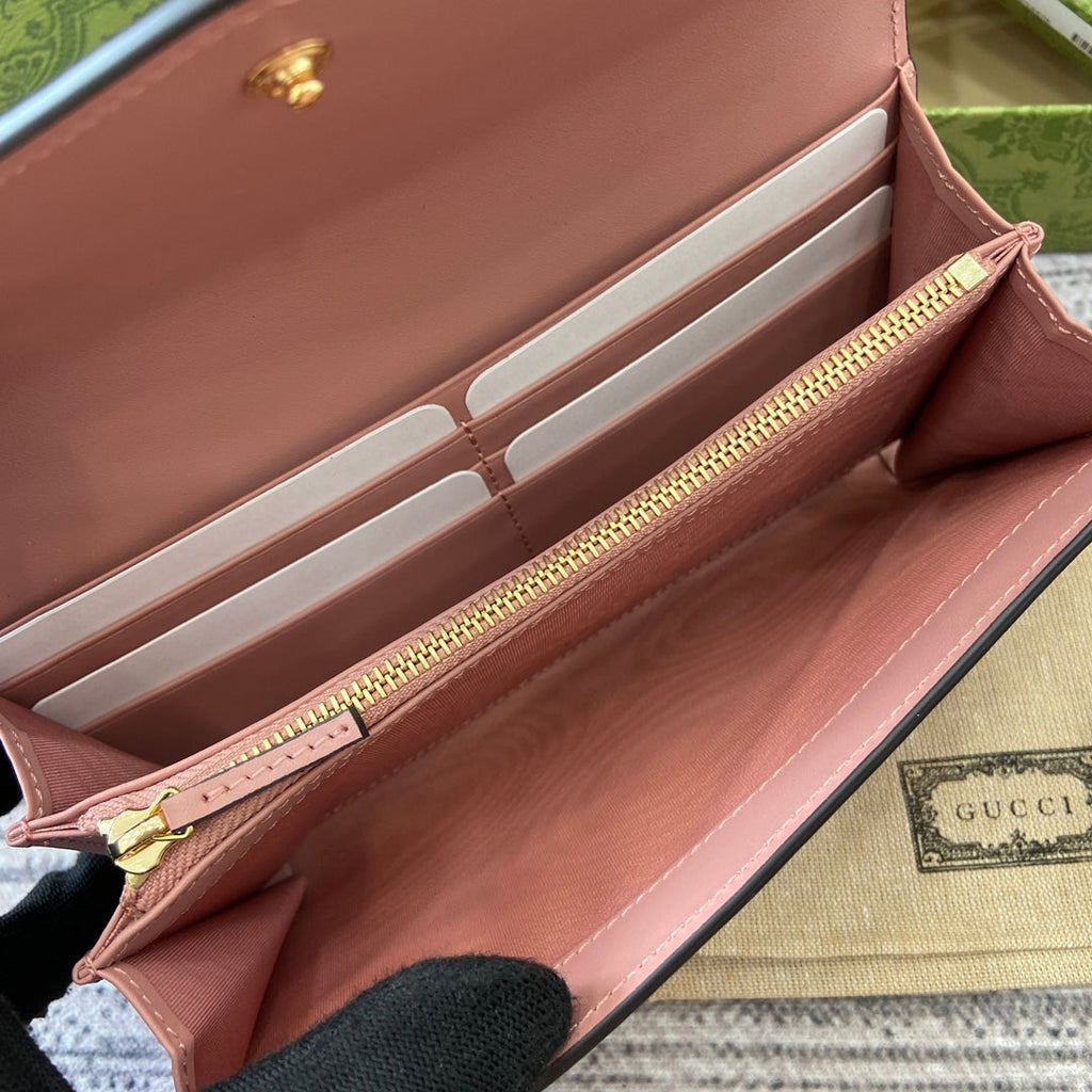 GUCCI CONTINENTAL WALLET 19 IN PINK EMBOSSED CALFSKIN GOLD HARDWARE