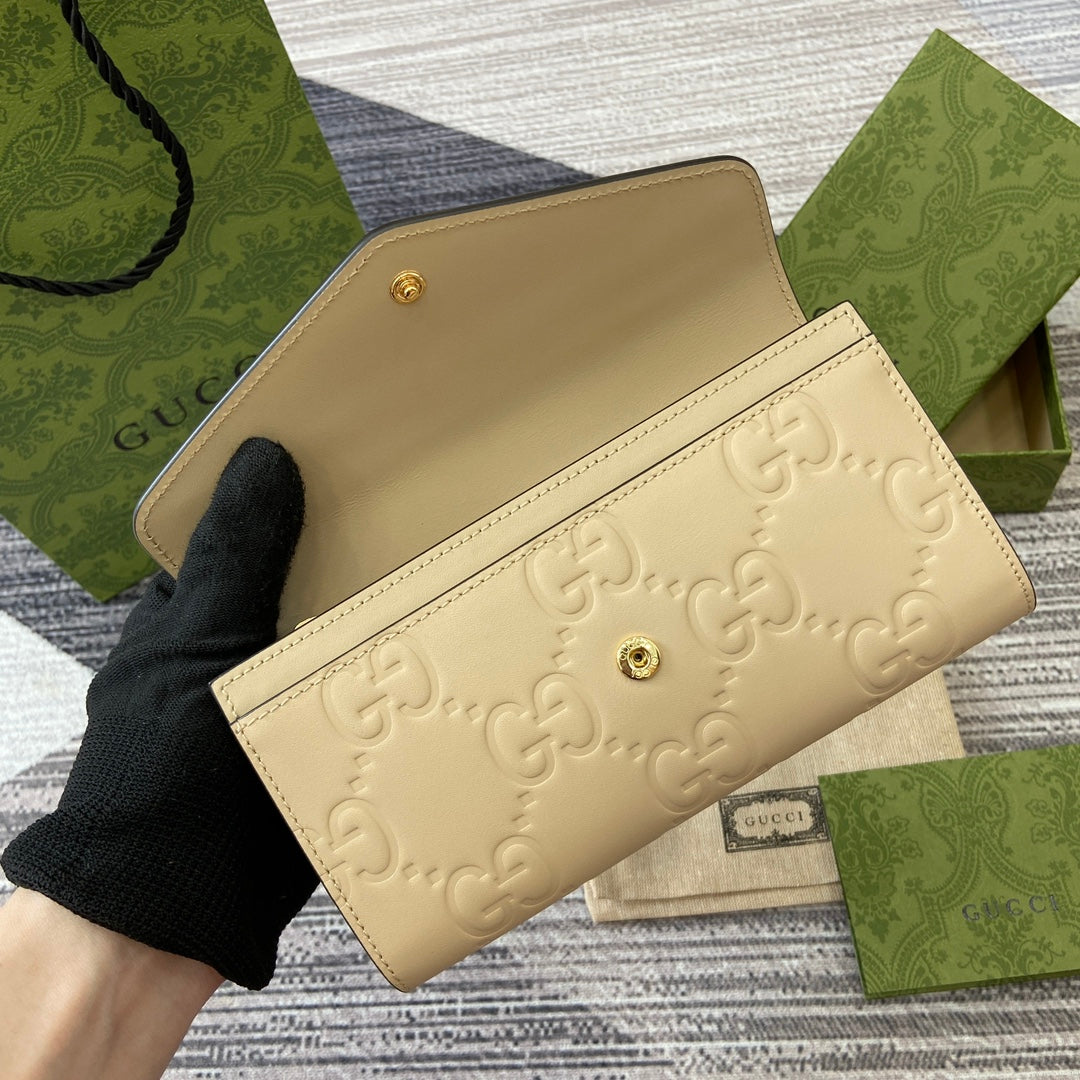 GUCCI CONTINENTAL WALLET 19 IN LIGHT YELLOW EMBOSSED CALFSKIN GOLD HARDWARE