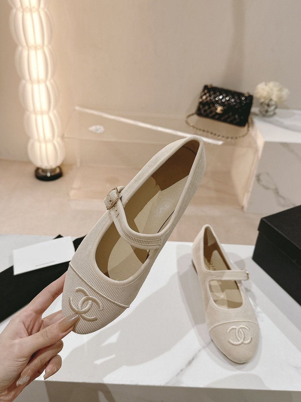 CHANEL mary jane flat light pink corduroy