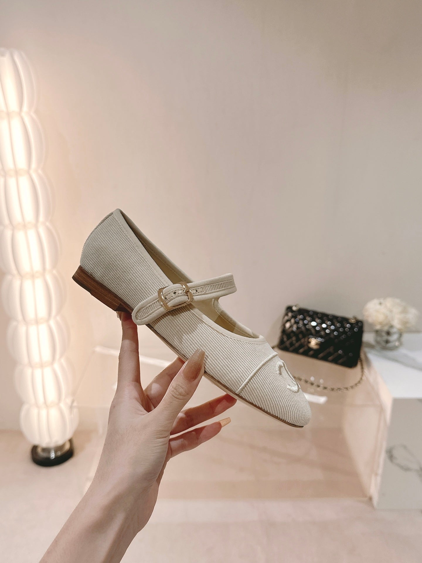 CHANEL mary jane flat light pink corduroy