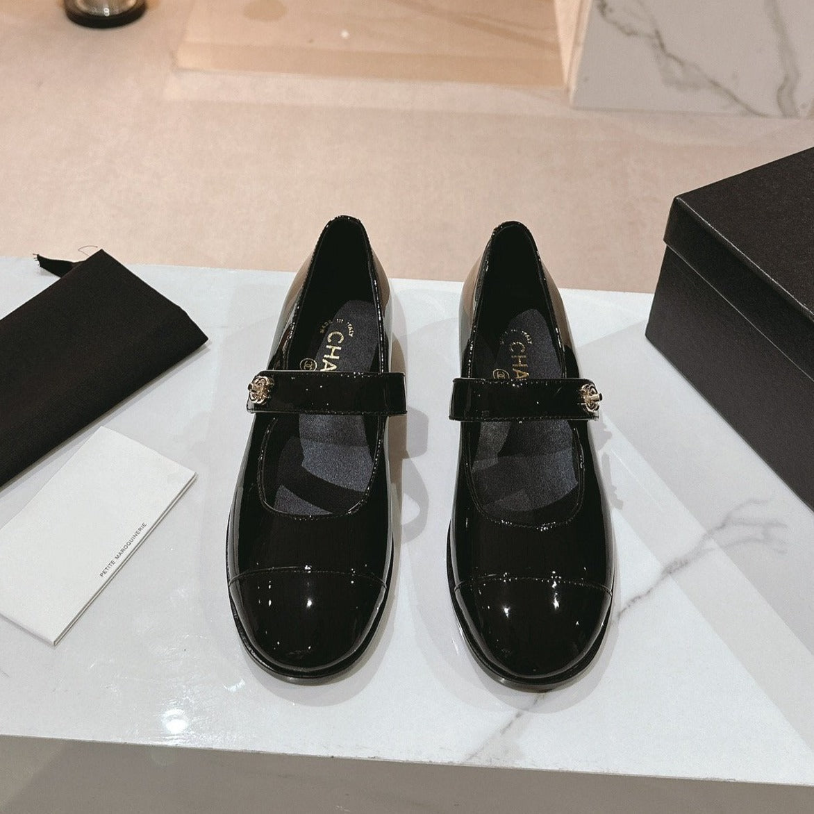 CHANEL mary jane flat black patent calfskin