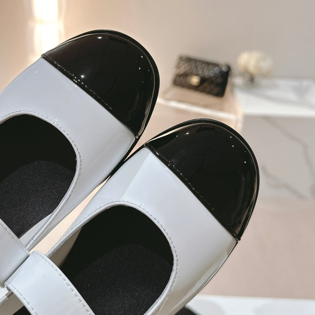 CHANEL mary jane flat white black patent calfskin