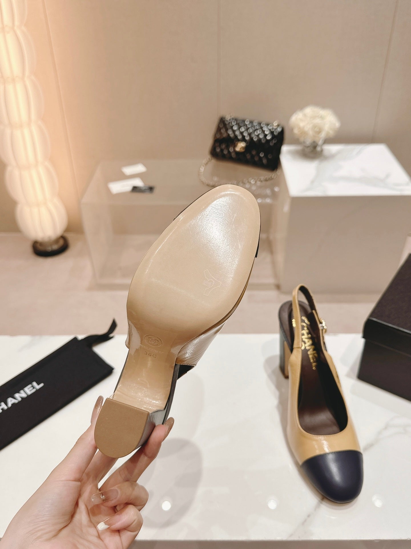 CHANEL HIGH SLINGBACKS PEANUT BROWN MIX BLACK SHEEPSKIN