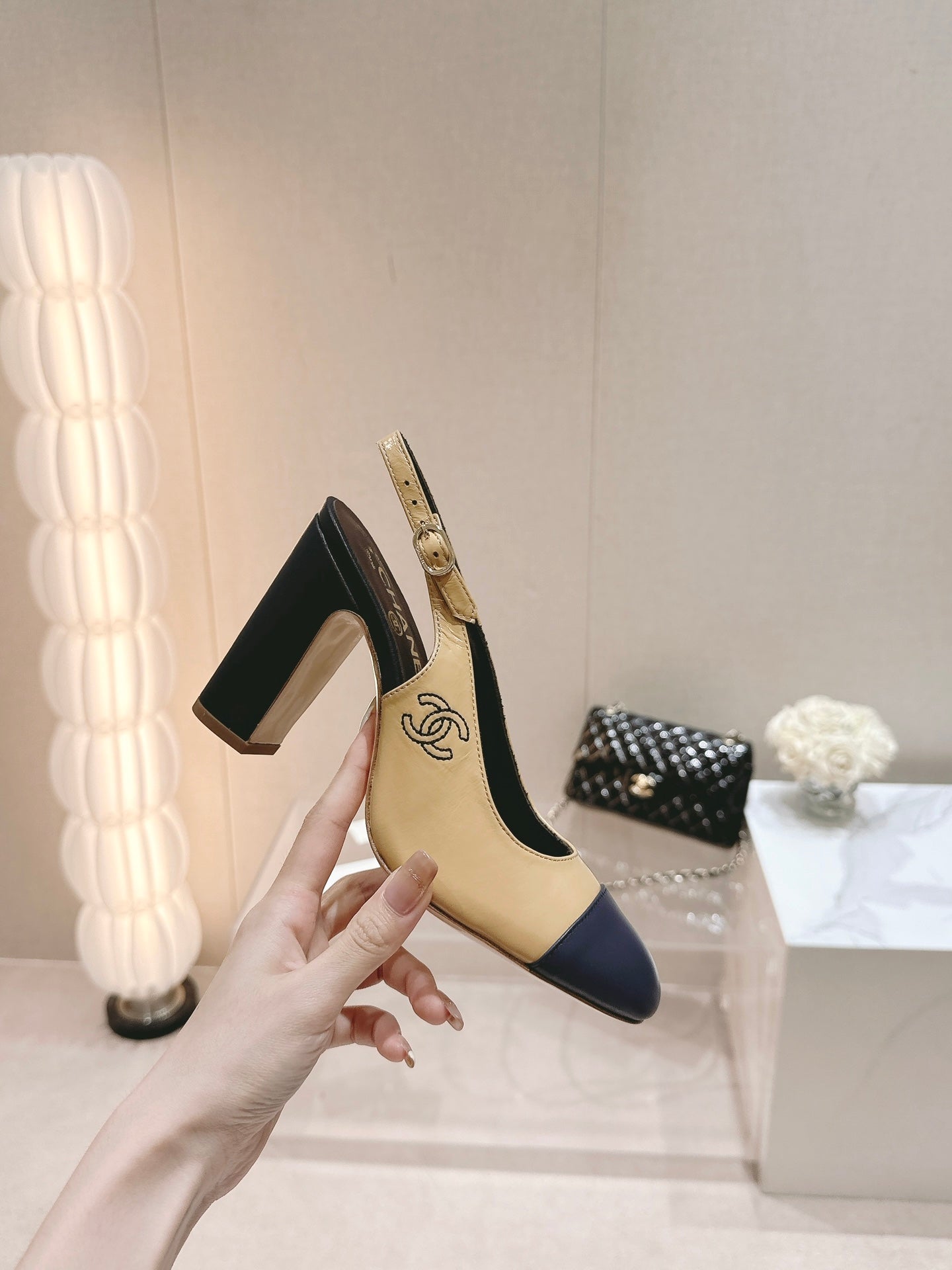 CHANEL HIGH SLINGBACKS PEANUT BROWN MIX BLACK SHEEPSKIN