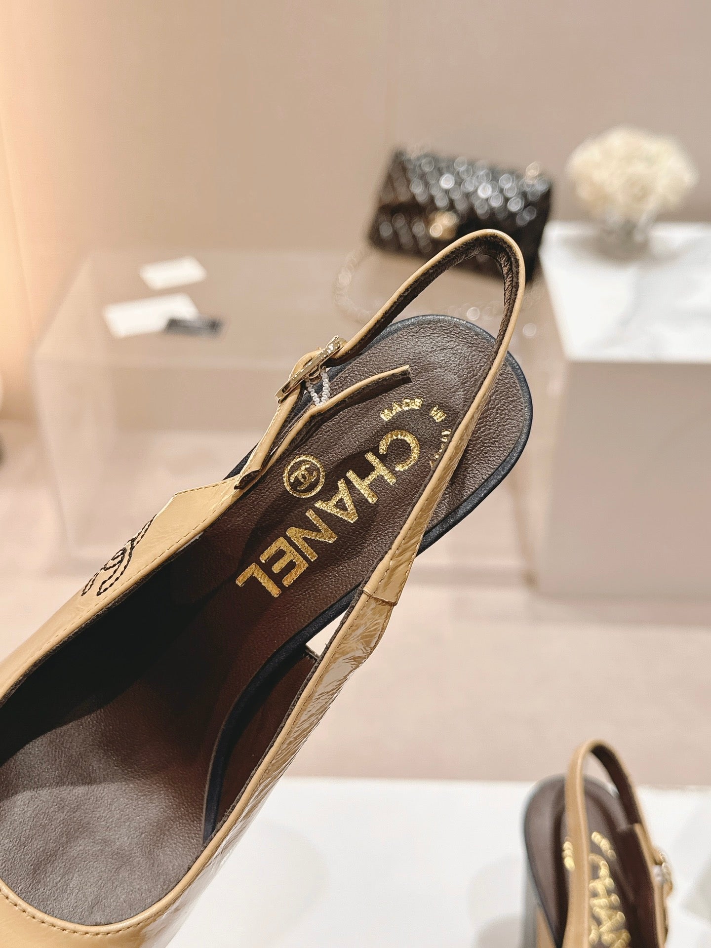 CHANEL HIGH SLINGBACKS PEANUT BROWN MIX BLACK SHEEPSKIN