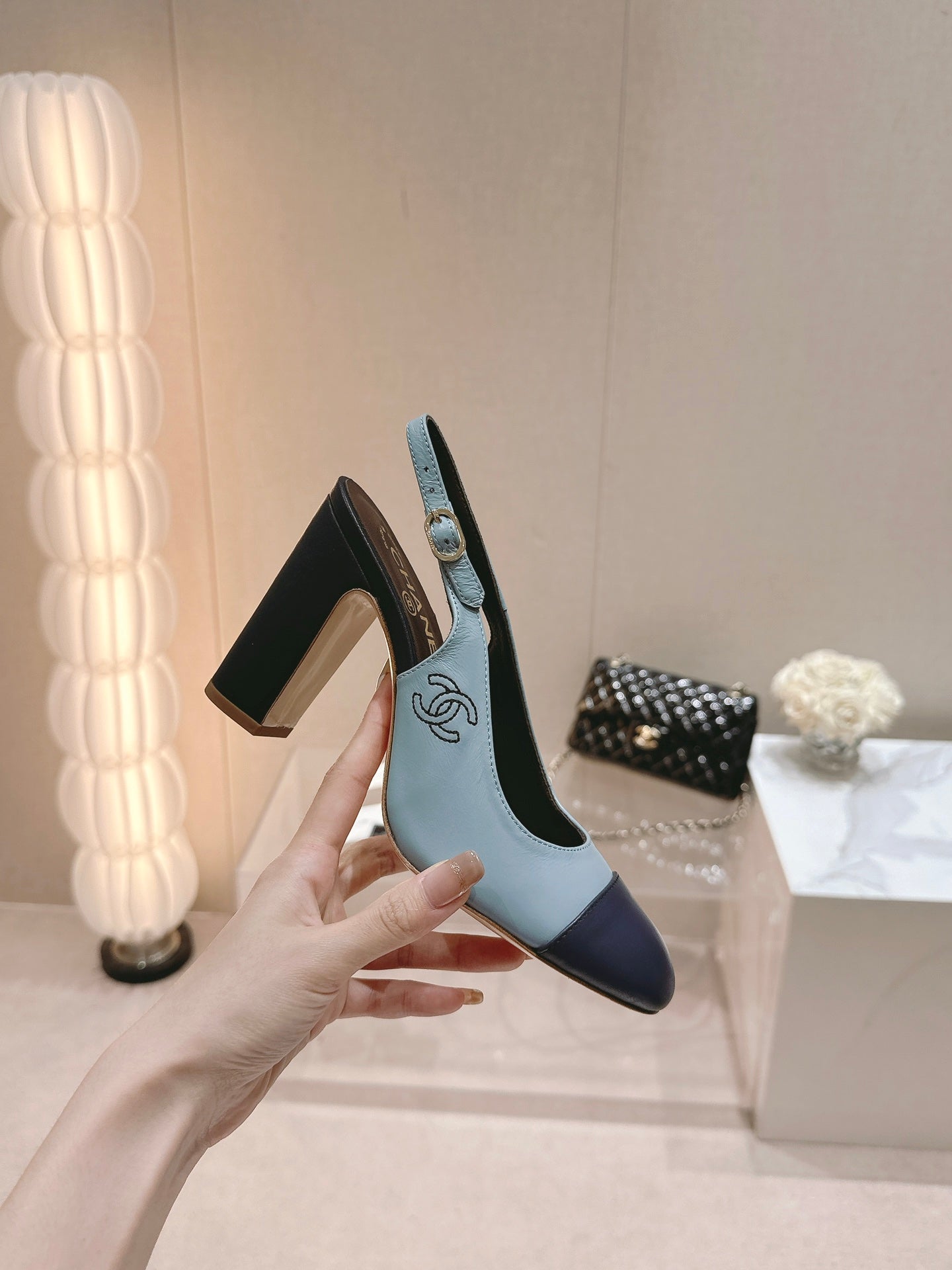 CHANEL HIGH SLINGBACKS LIGHT BLUE MIX BLACK SHEEPSKIN