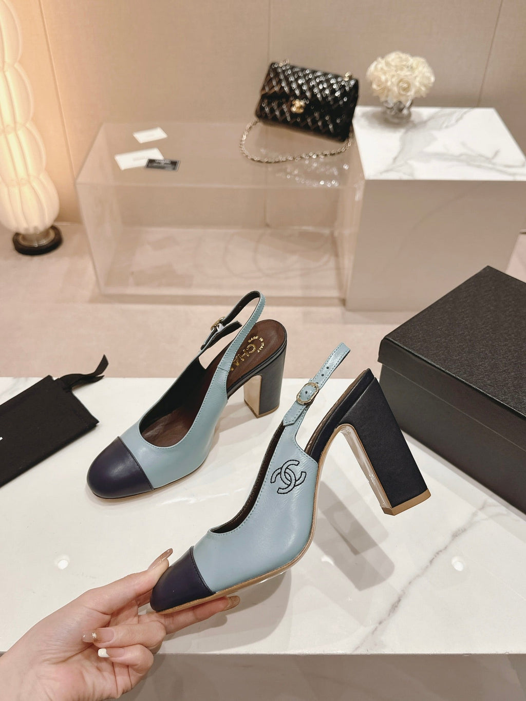 CHANEL HIGH SLINGBACKS LIGHT BLUE MIX BLACK SHEEPSKIN