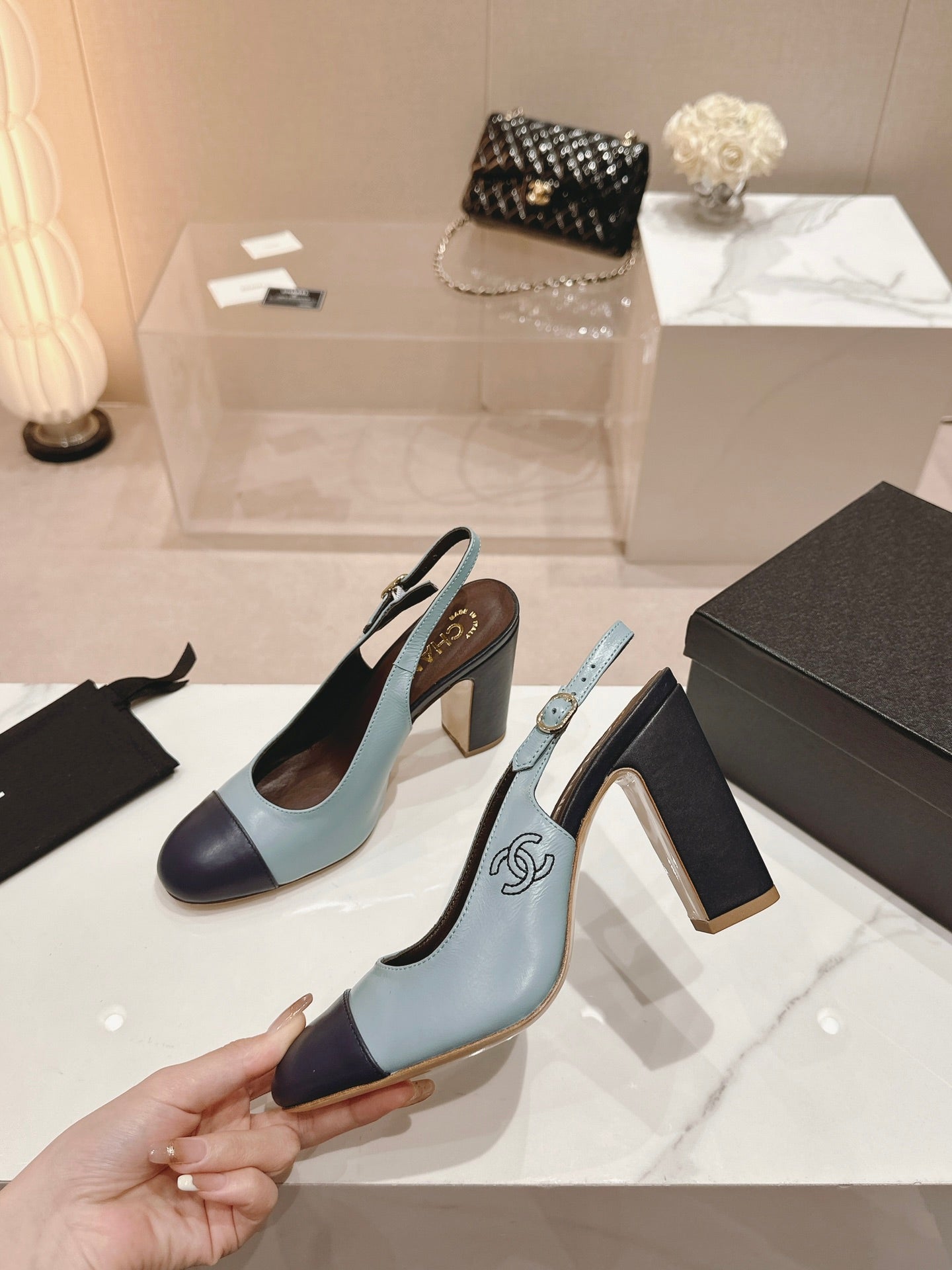 CHANEL HIGH SLINGBACKS LIGHT BLUE MIX BLACK SHEEPSKIN