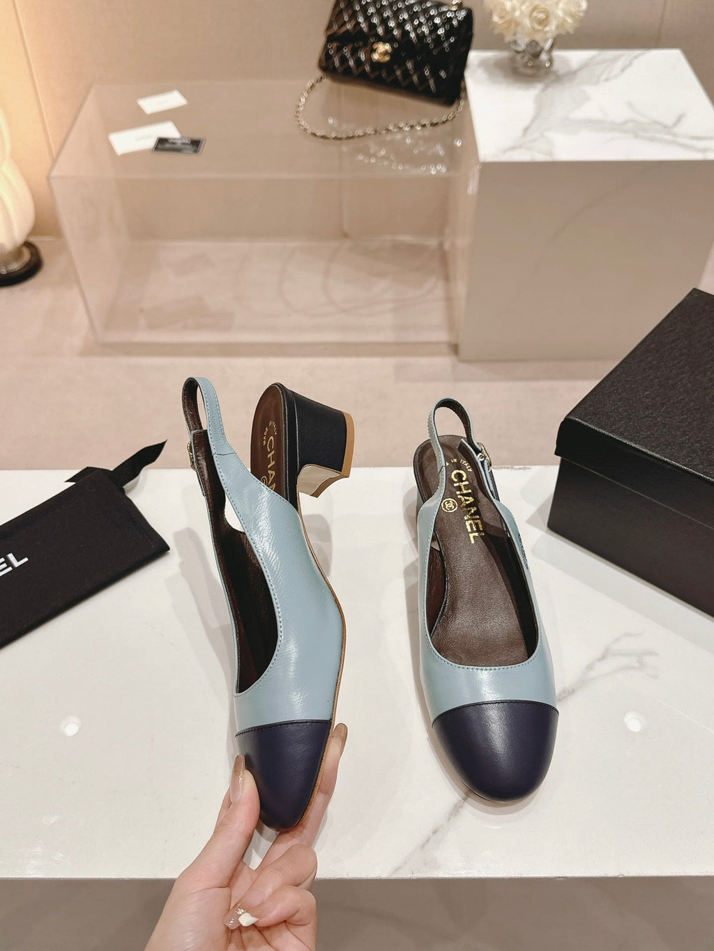 CHANEL SLINGBACKS LIGHT BLUE MIX BLACK SHEEPSKIN