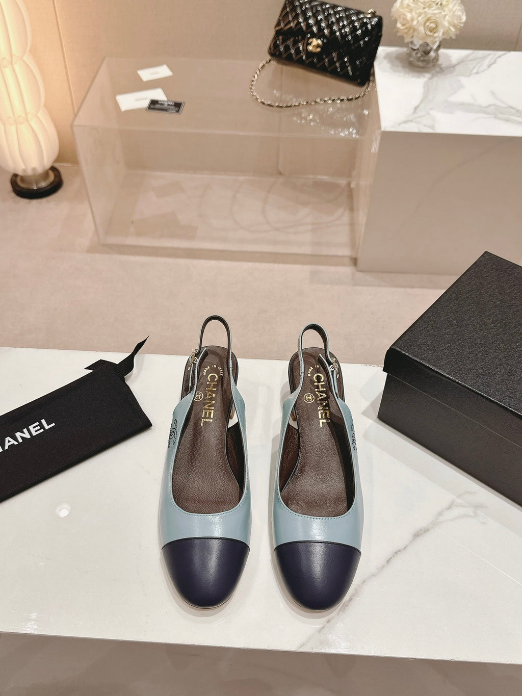CHANEL SLINGBACKS LIGHT BLUE MIX BLACK SHEEPSKIN