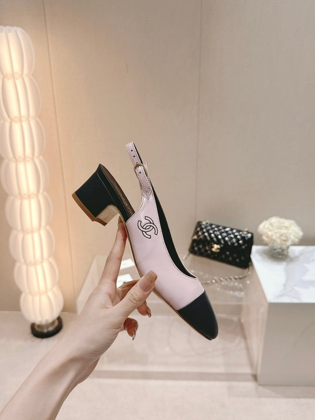 CHANEL SLINGBACKS LIGHT PINK MIX BLACK SHEEPSKIN