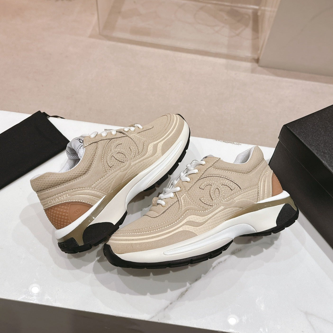 CHANEL Women's Beige Cream Sneaker Breathable mesh