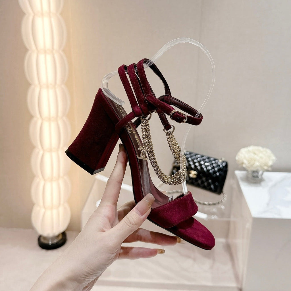 CHANEL Double C Leather High Heel Sandals Red Cherry