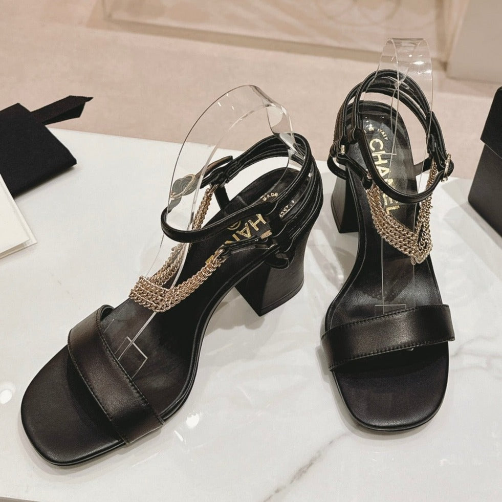 CHANEL Double C Leather High Heel Sandals Black