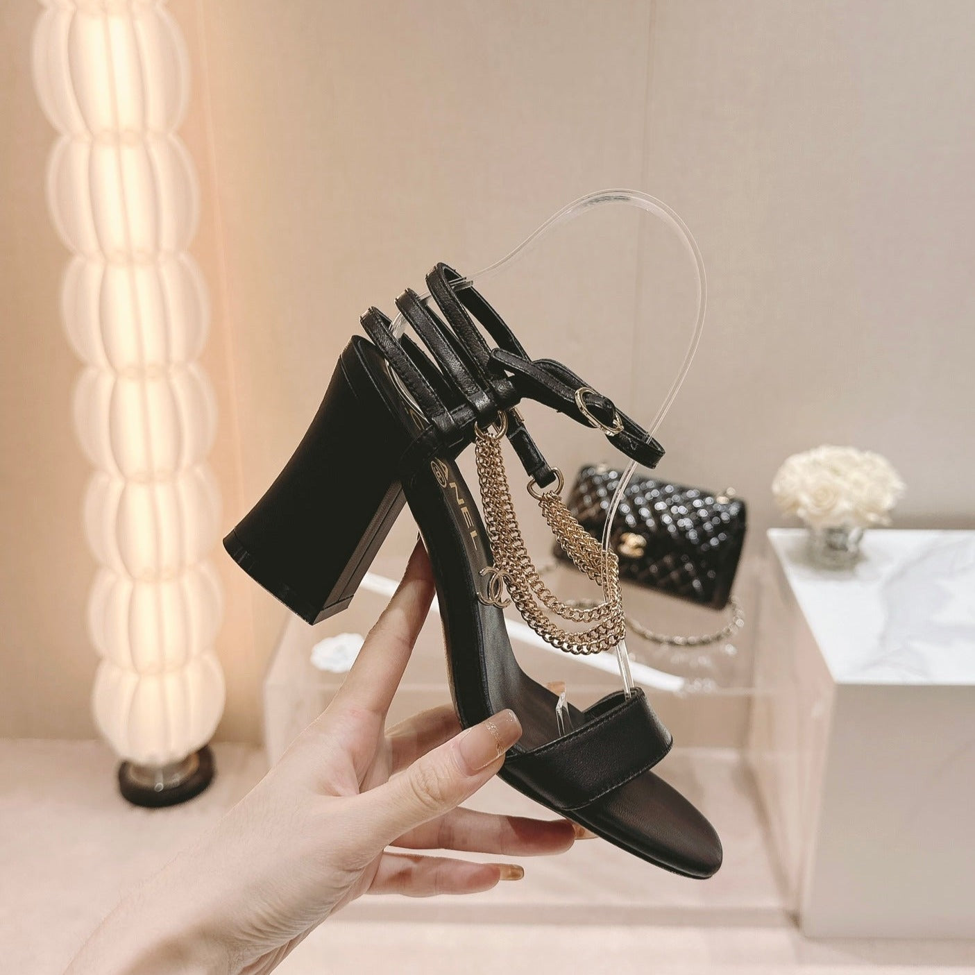 CHANEL Double C Leather High Heel Sandals Black