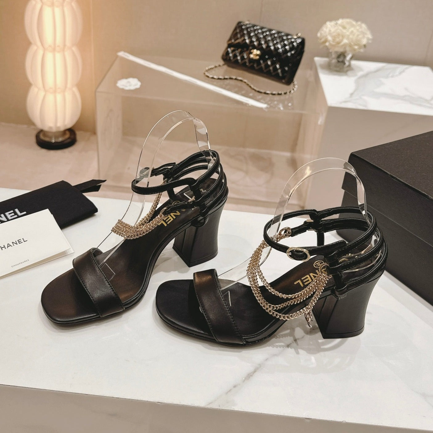 CHANEL Double C Leather High Heel Sandals Black