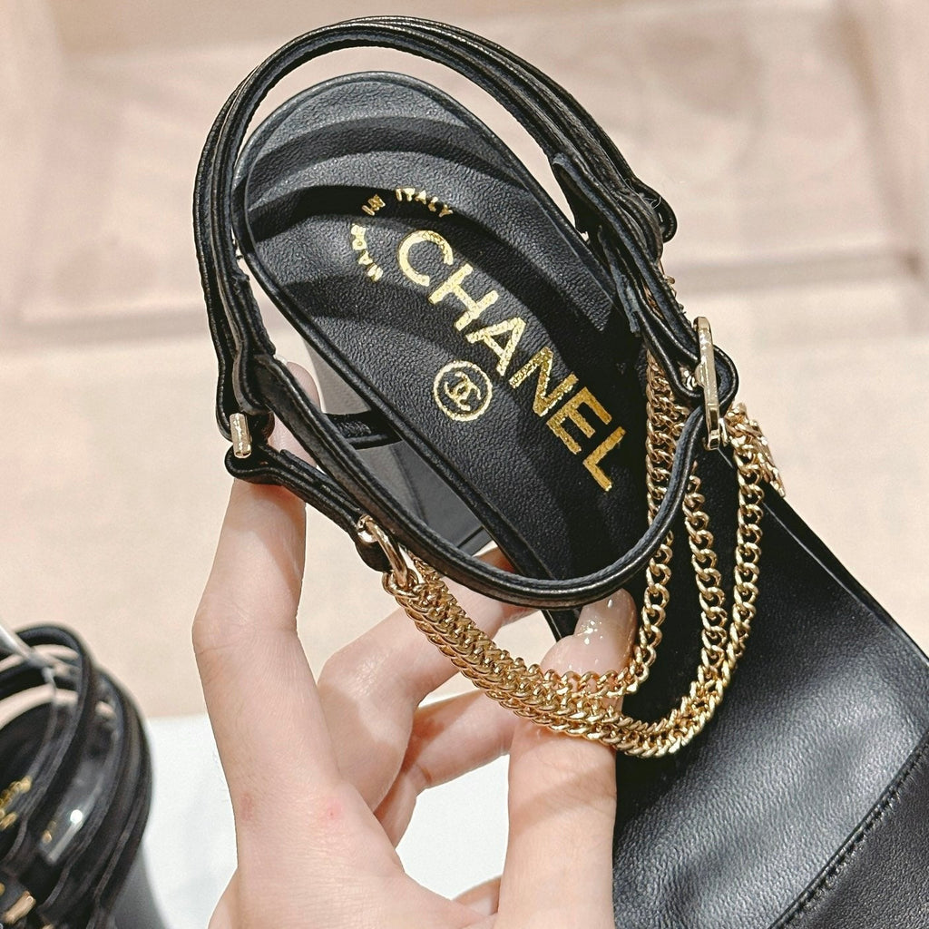 CHANEL Double C Leather High Heel Sandals Black