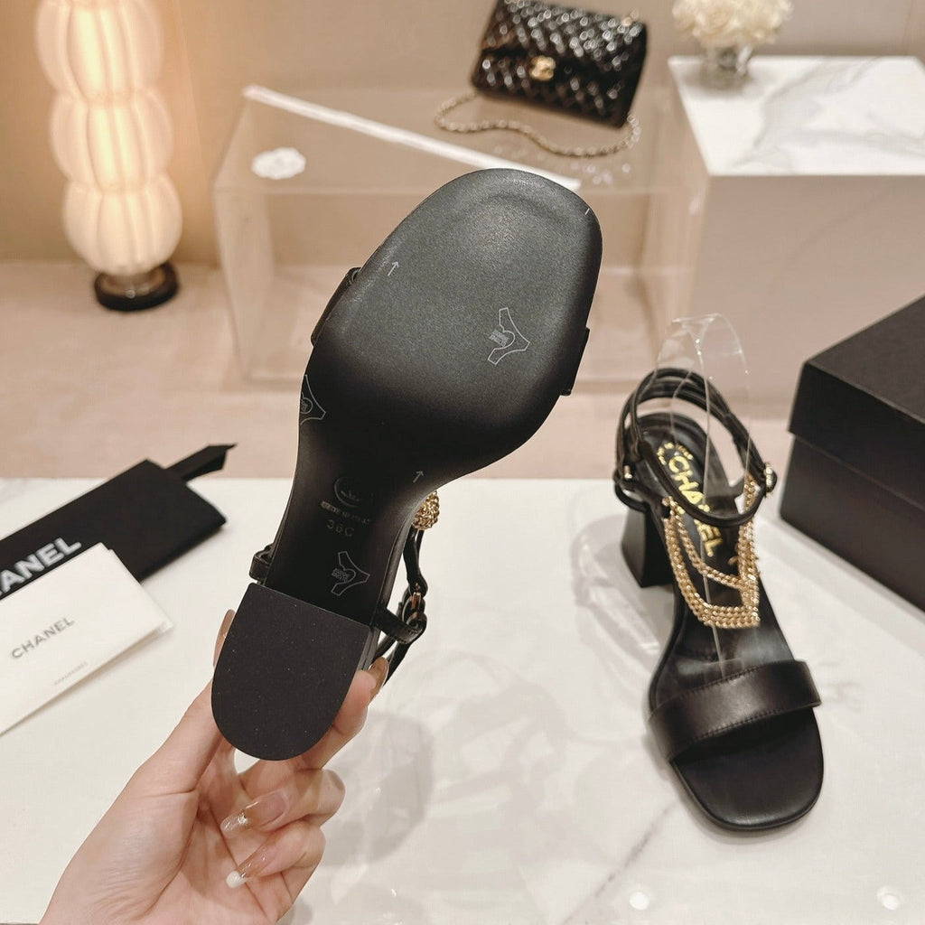 CHANEL Double C Leather High Heel Sandals Black