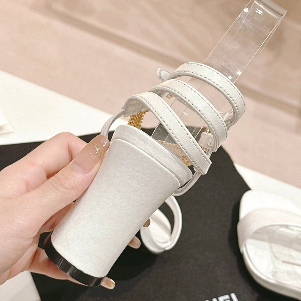 CHANEL Double C Leather High Heel Sandals White