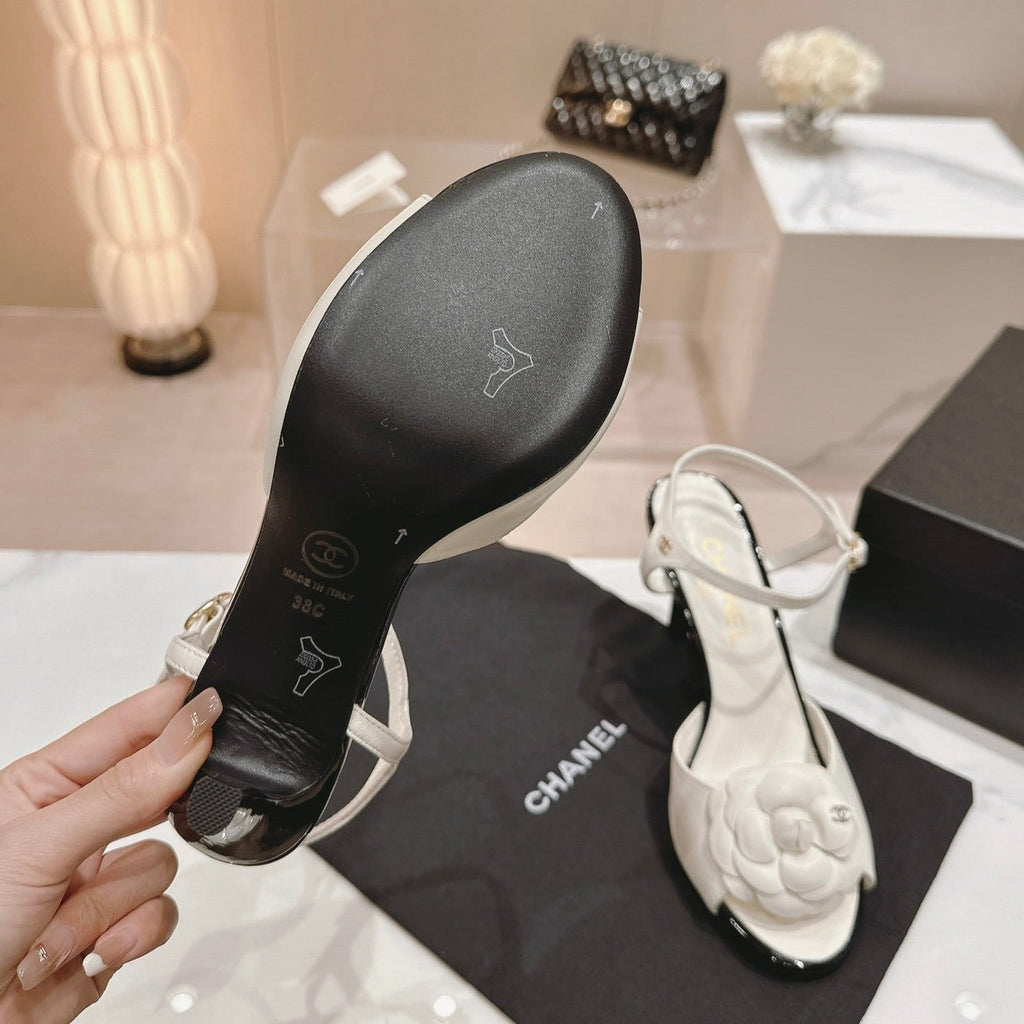 CHANEL Double C New Camellia High Heel Sandals White