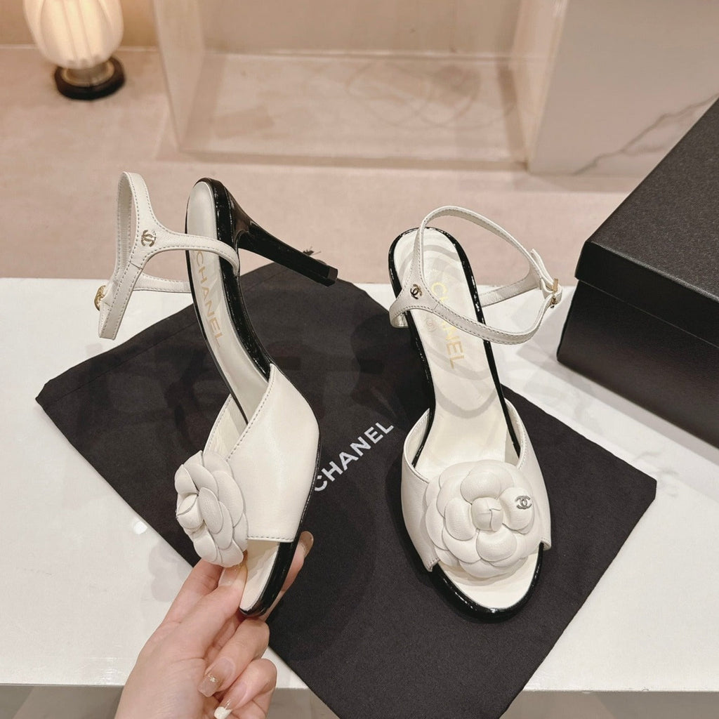 CHANEL Double C New Camellia High Heel Sandals White
