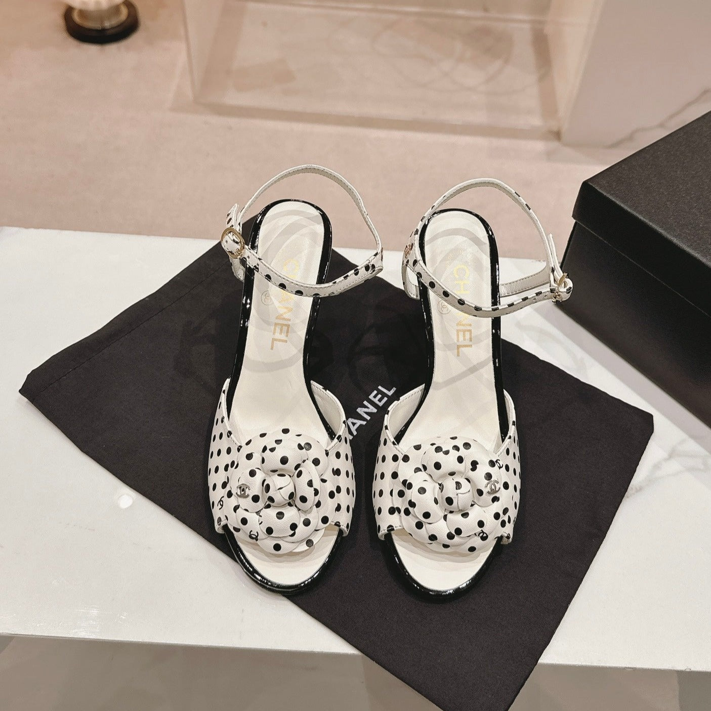 CHANEL Double C New Camellia High Heel Sandals White/ Black Caro