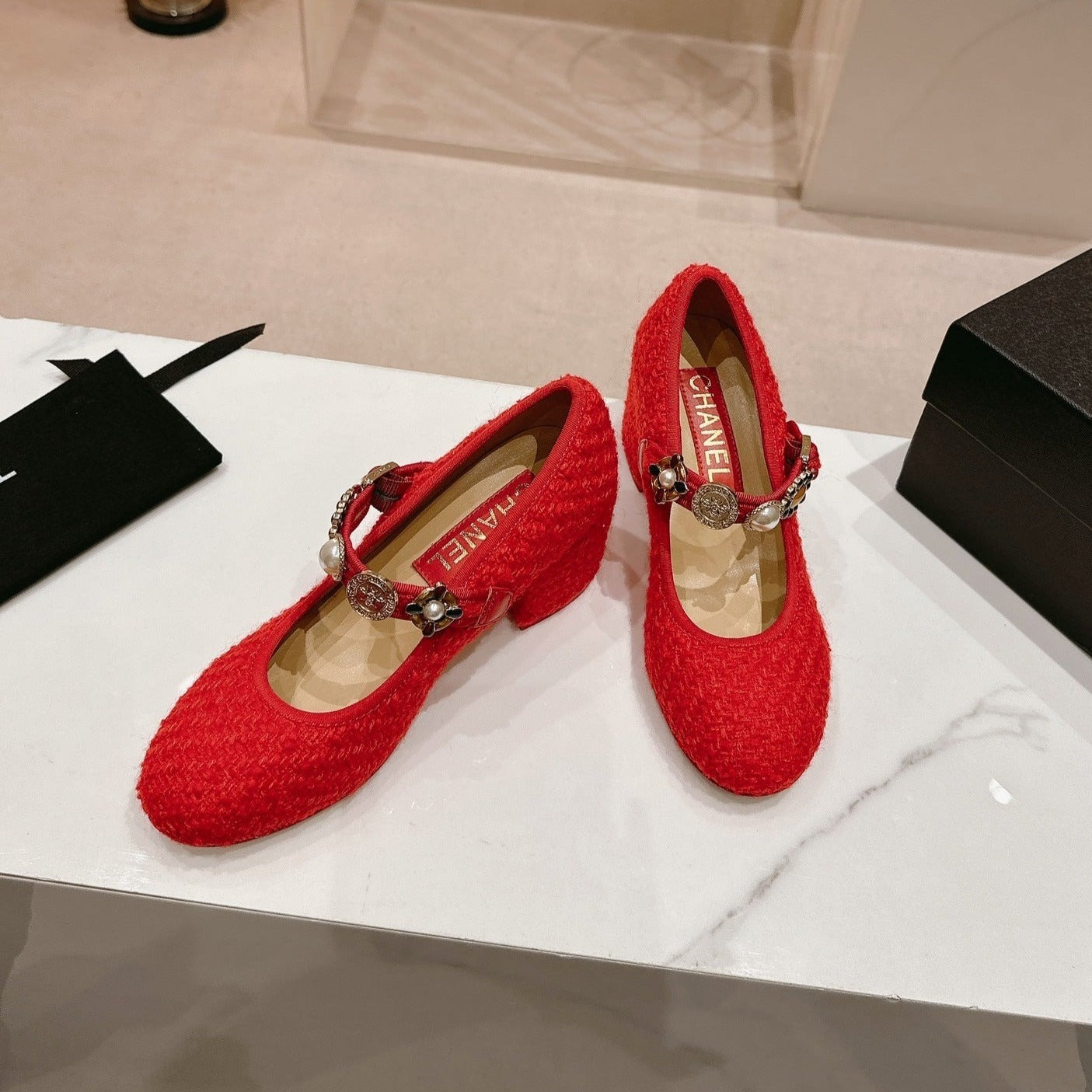 CHANEL HIGH MARY JANE SHOES RED PINK WOOL TWEED