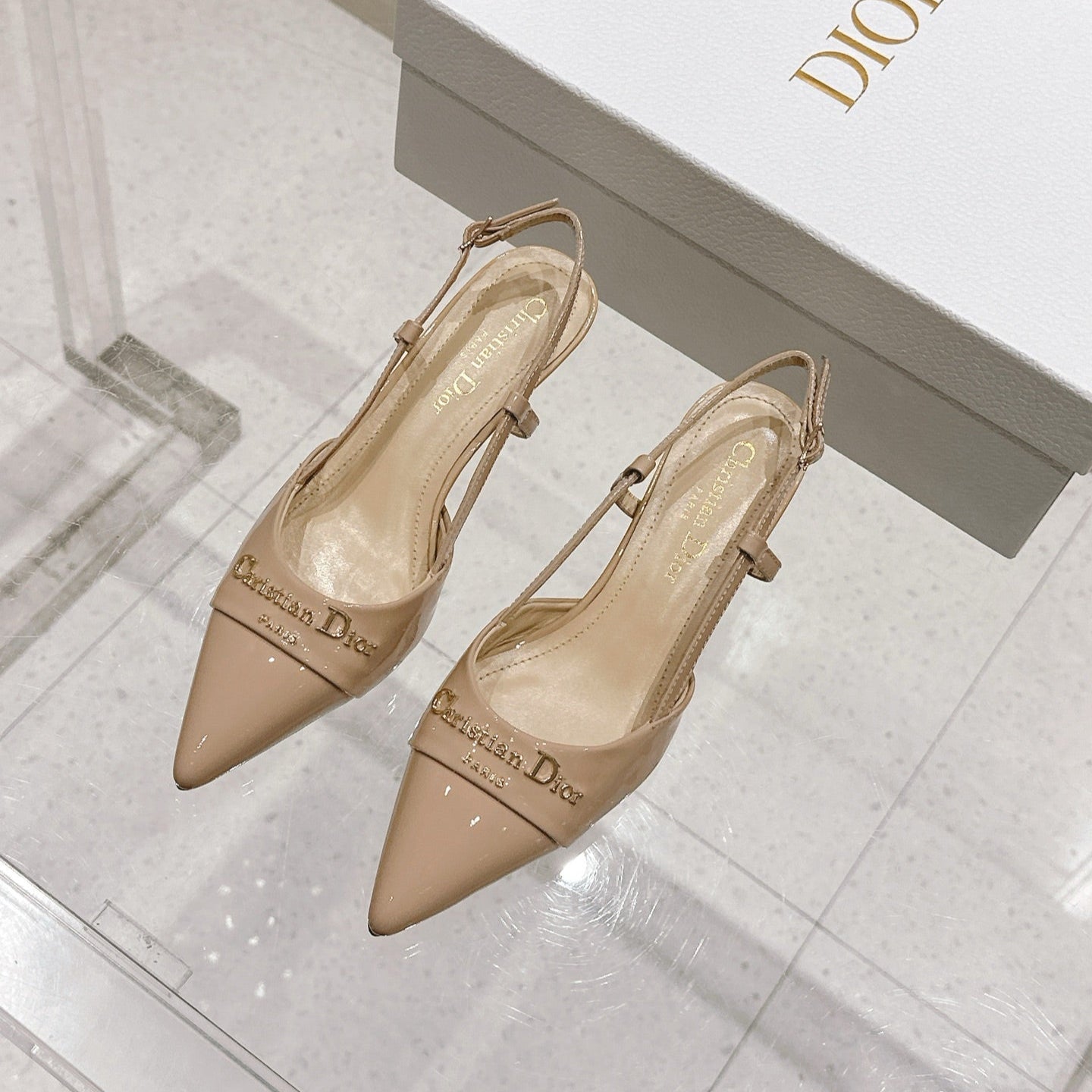 DIOR MY DD 25S SLINGBACK PUMP 50MM IN BEIGE GLOSSY CALFSKIN