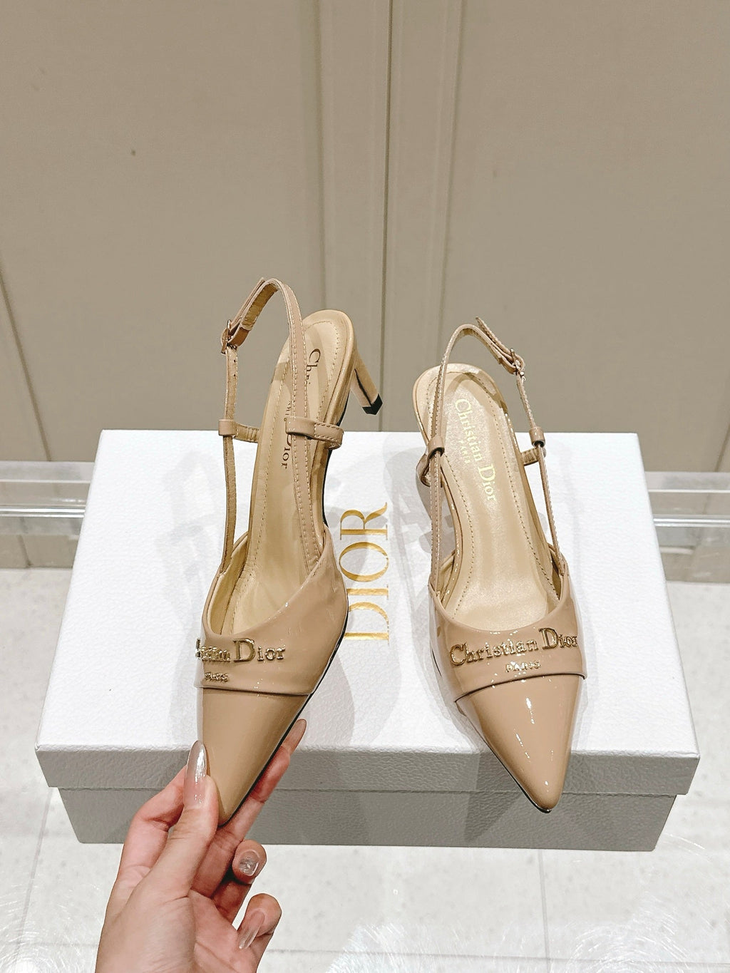 DIOR MY DD 25S SLINGBACK PUMP 50MM IN BEIGE GLOSSY CALFSKIN
