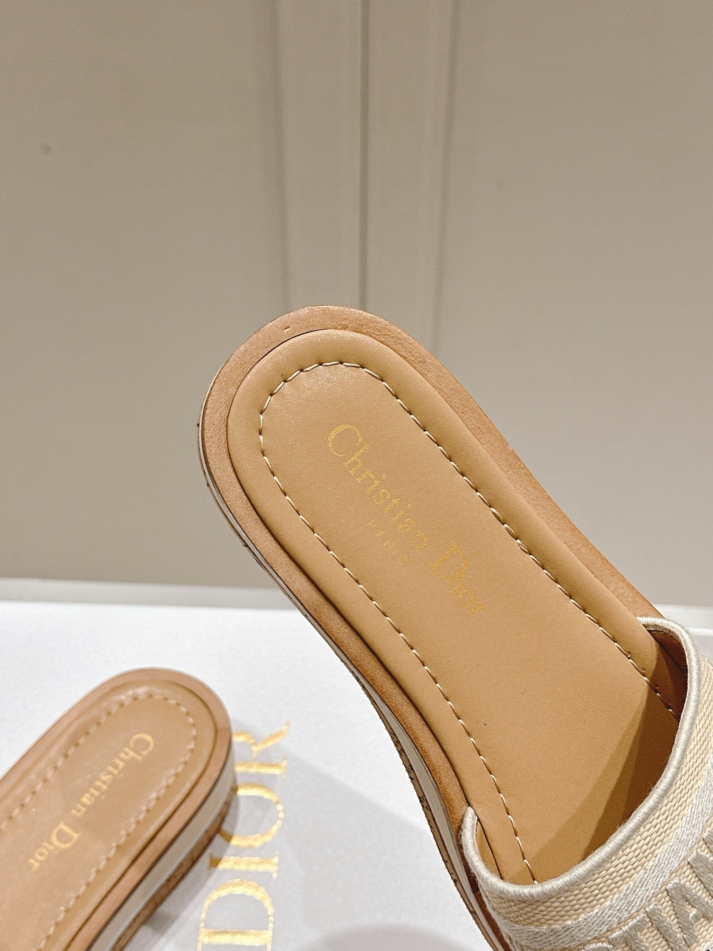 DIOR DWAY WEDGE SLIDES 45MM IN BEIGE FABRIC RAFFIA SOLE