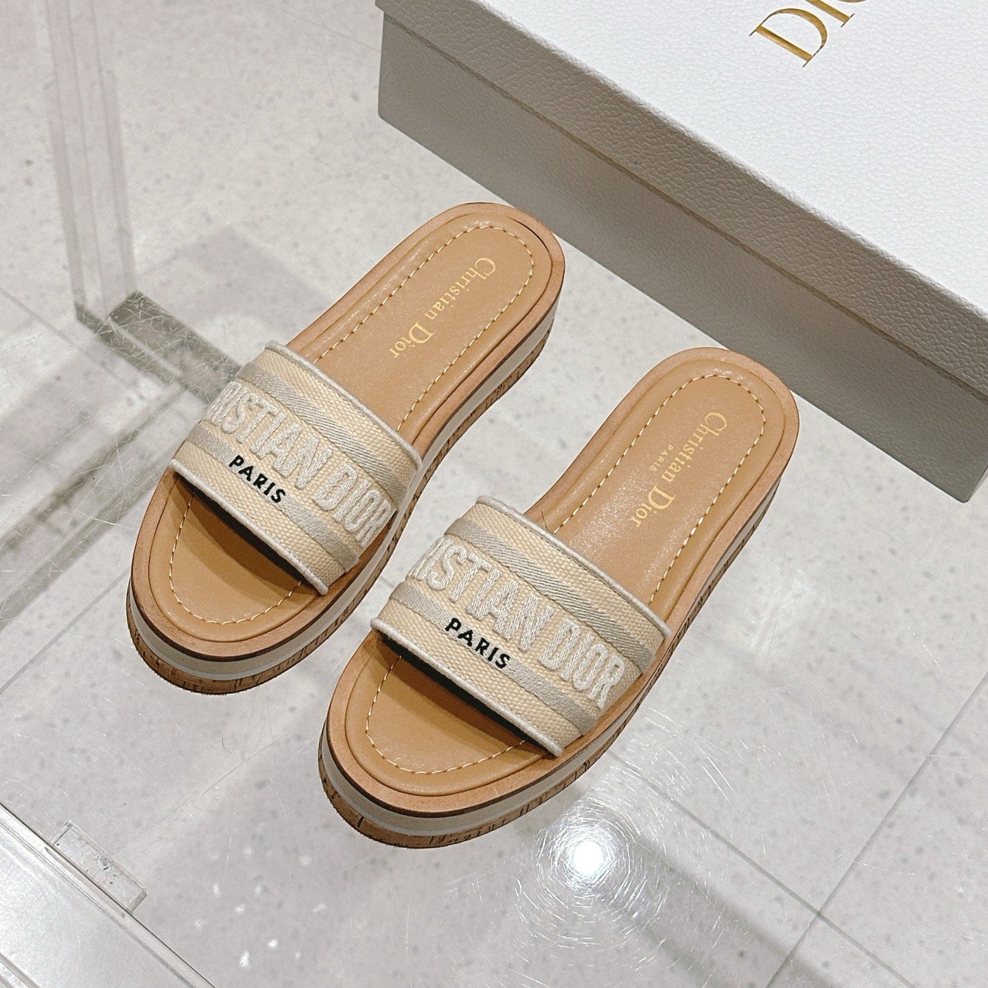 DIOR DWAY WEDGE SLIDES 45MM IN BEIGE FABRIC RAFFIA SOLE