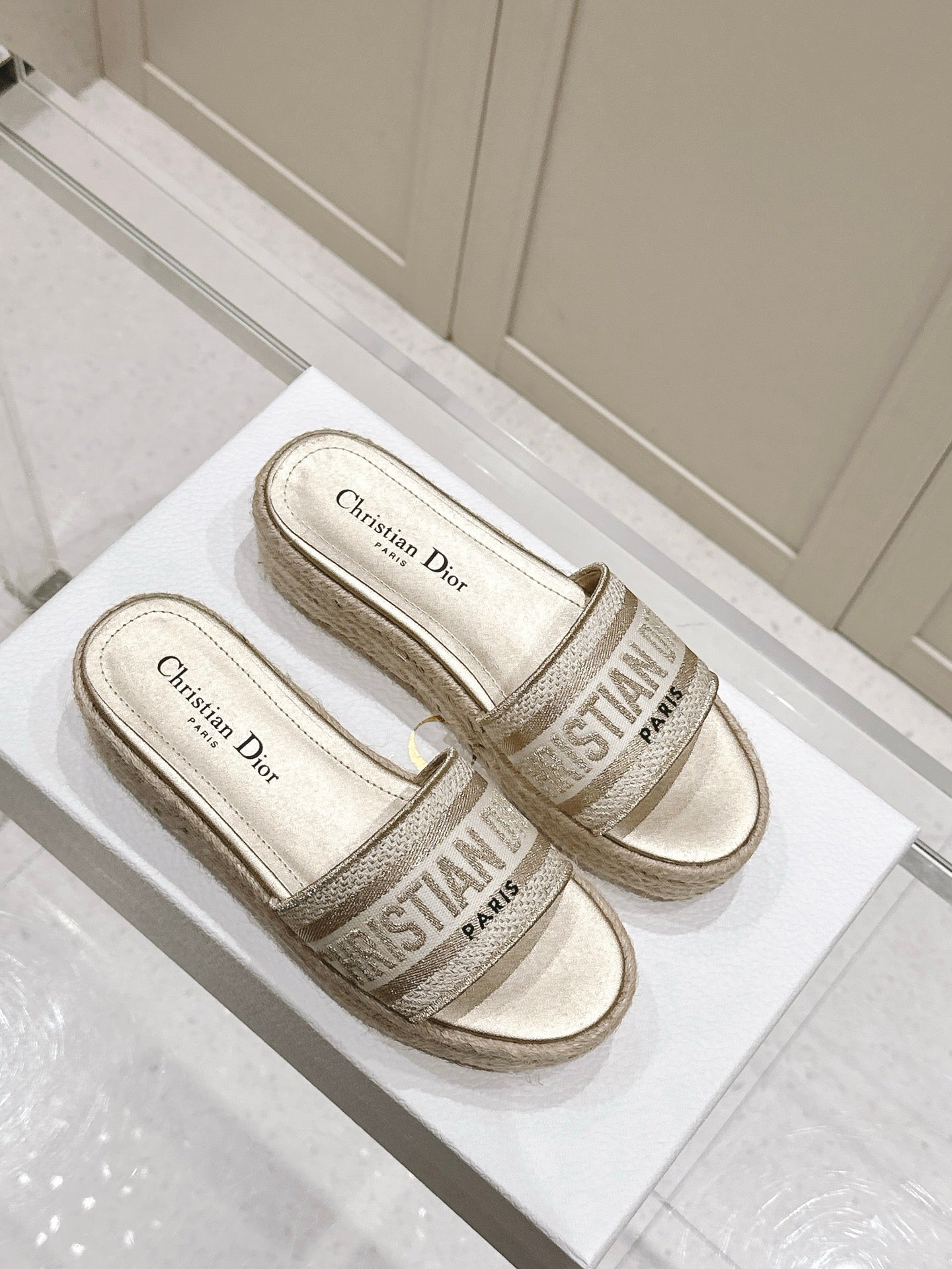 DIOR DWAY WEDGE SLIDES 45MM IN WARM GREIGE FABRIC RAFFIA SOLE
