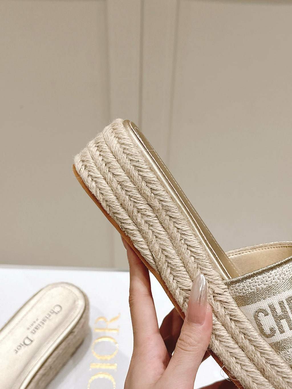 DIOR DWAY WEDGE SLIDES 45MM IN WARM GREIGE FABRIC RAFFIA SOLE