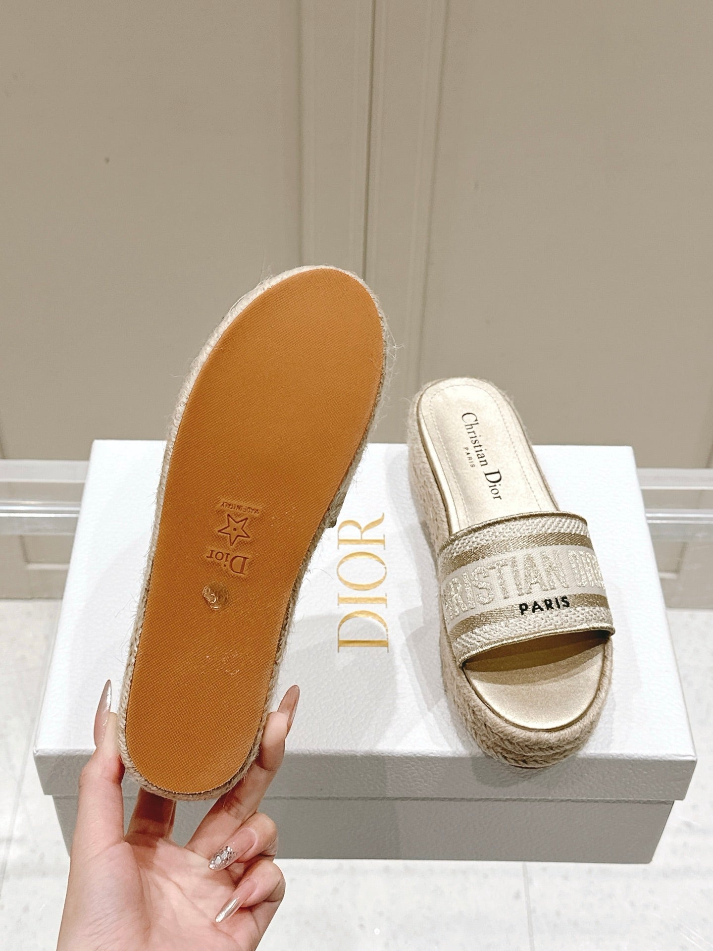 DIOR DWAY WEDGE SLIDES 45MM IN WARM GREIGE FABRIC RAFFIA SOLE