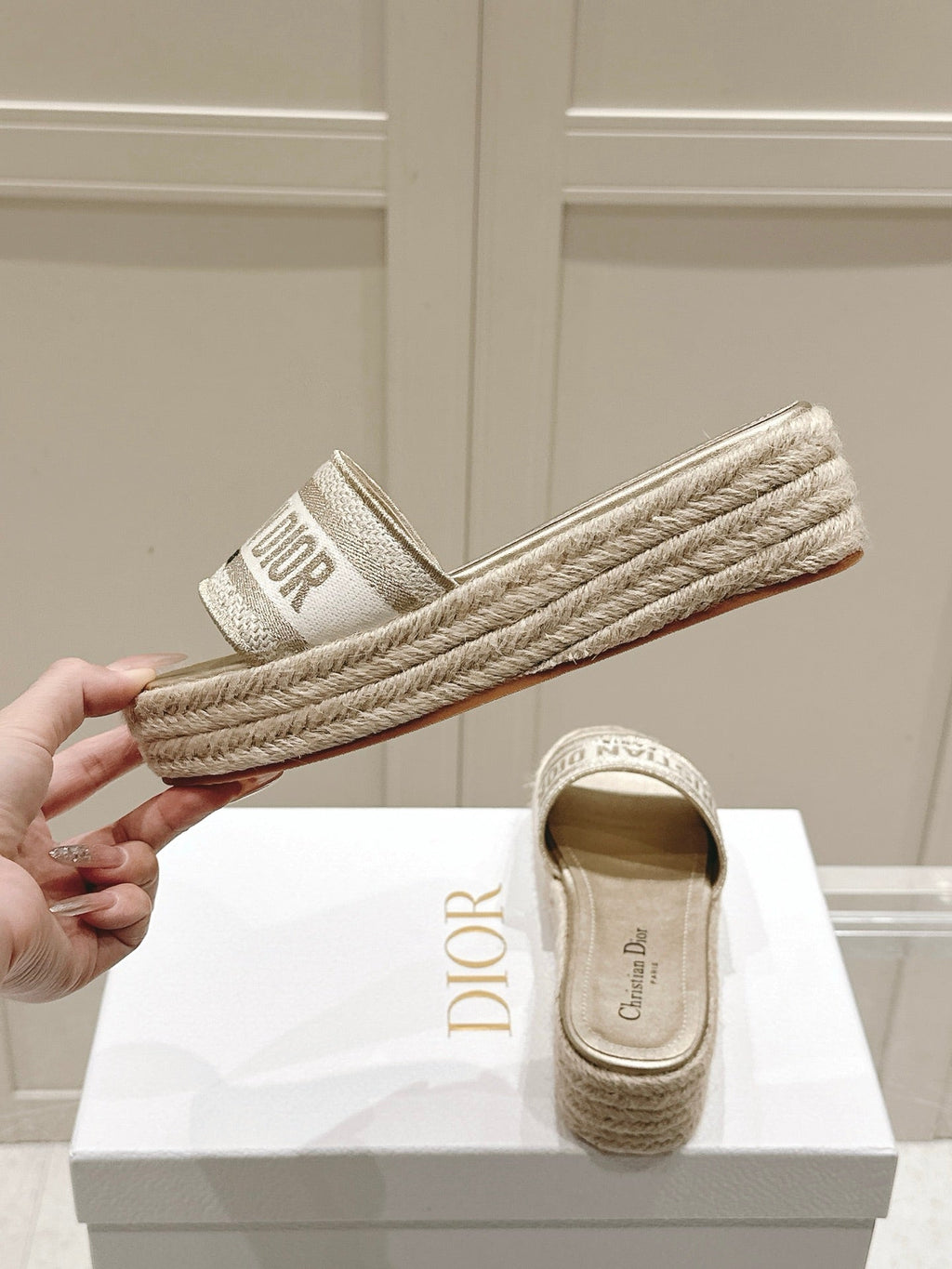 DIOR DWAY WEDGE SLIDES 45MM IN WARM GREIGE FABRIC RAFFIA SOLE
