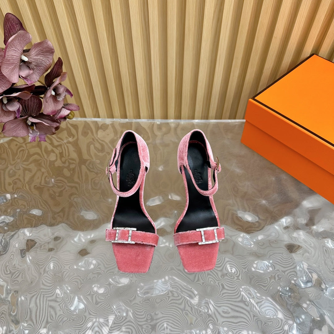 HERMES JULY SANDAL 105 MM IN ROUGE PINK VELVET