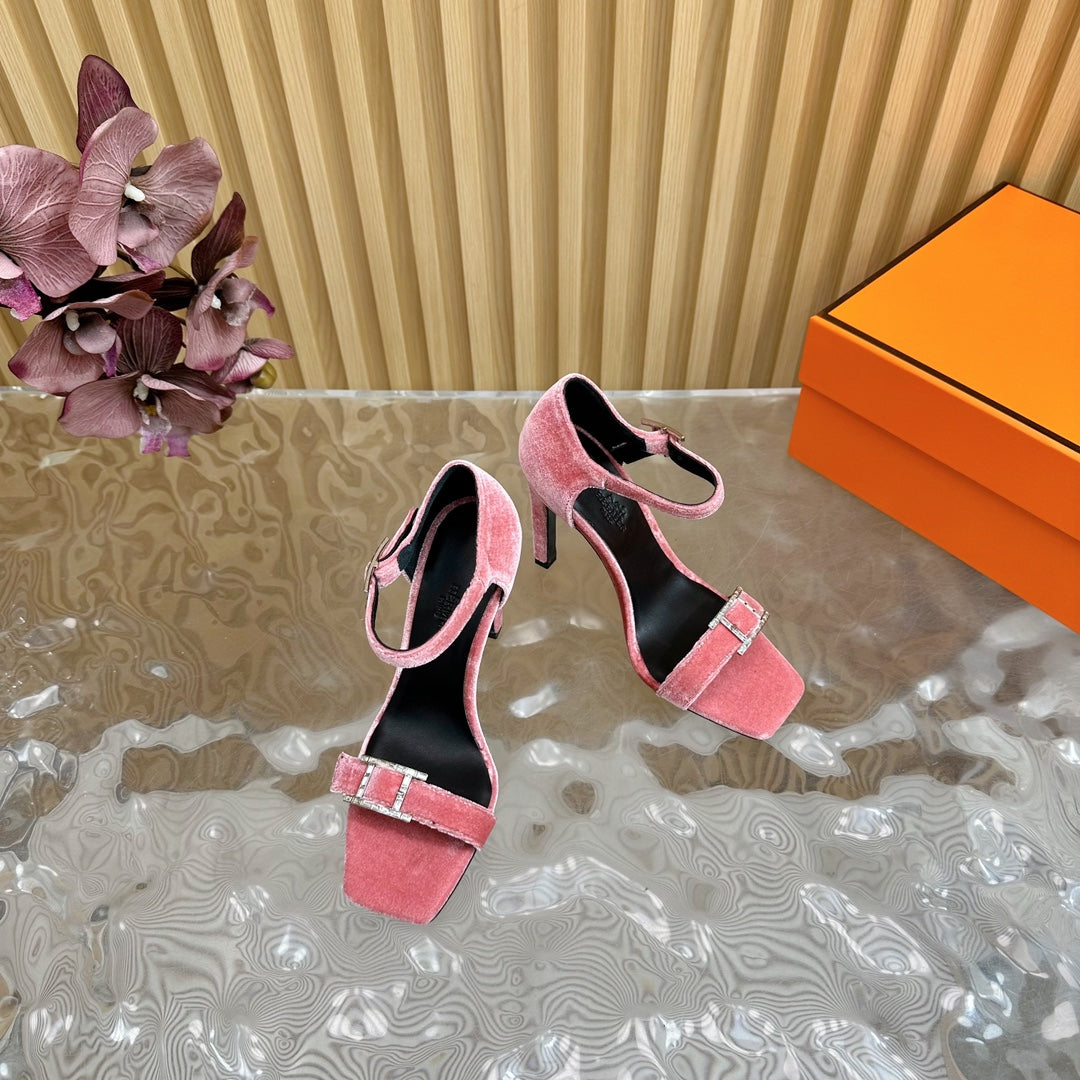 HERMES JULY SANDAL 105 MM IN ROUGE PINK VELVET