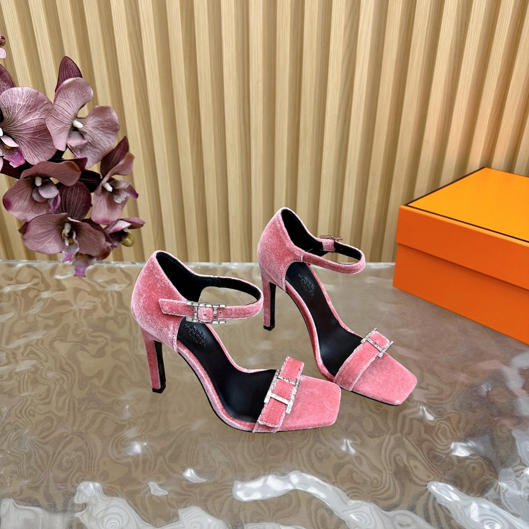 HERMES JULY SANDAL 105 MM IN ROUGE PINK VELVET