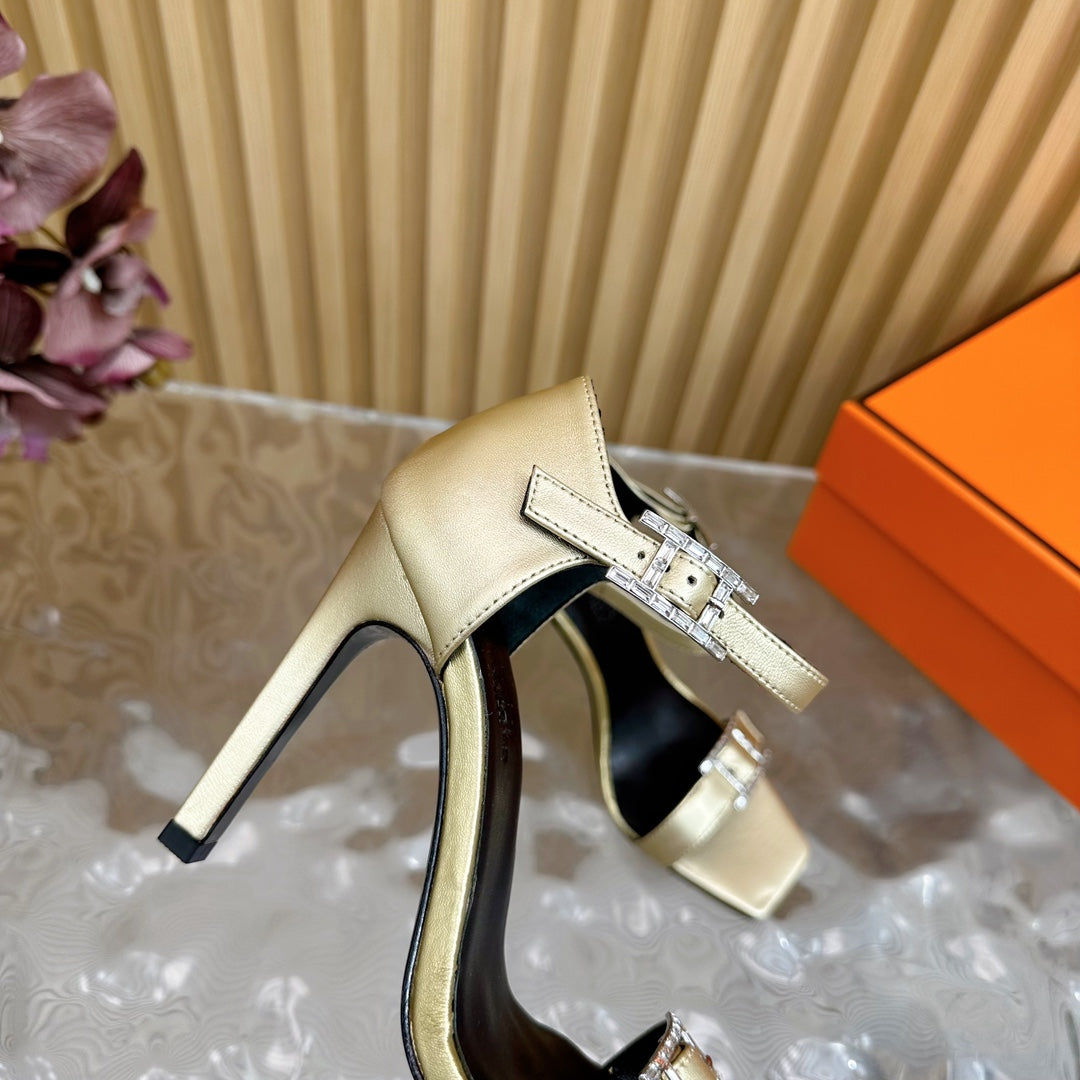 HERMES JULY SANDAL 105 MM IN LIGHT GOLD CALFSKIN