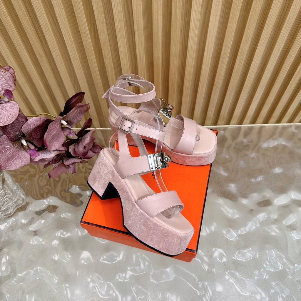 HERMES 25S CLASSIC WEDGE SANDALS 70 MM IN LIGHT PINK LAMBSKIN WITH SILVER HARDWARE