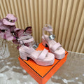 HERMES 25S CLASSIC WEDGE SANDALS 70 MM IN LIGHT PINK LAMBSKIN WITH SILVER HARDWARE