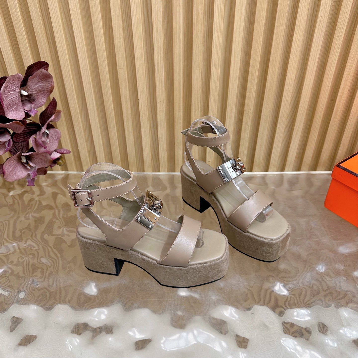 HERMES 25S CLASSIC WEDGE SANDALS 70 MM IN TAUPE BEIGE LAMBSKIN WITH SILVER HARDWARE