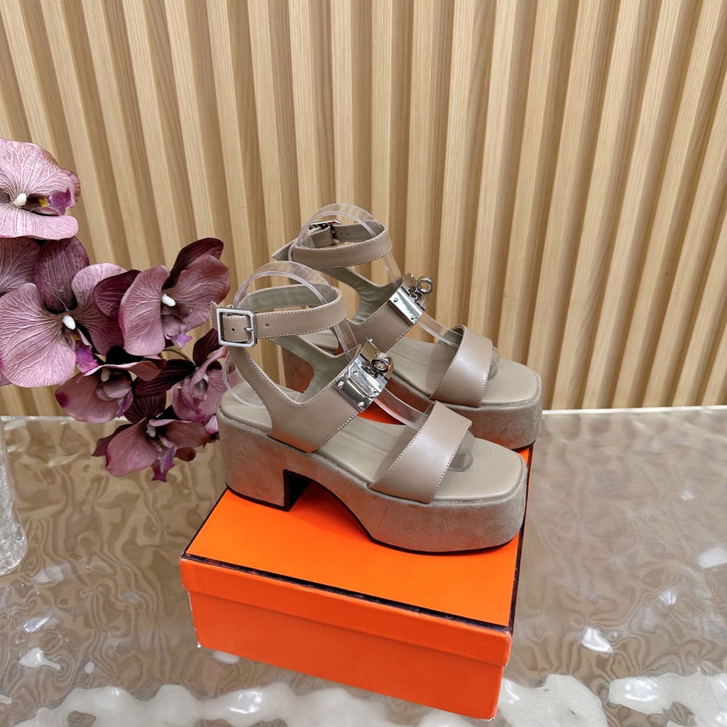 HERMES 25S CLASSIC WEDGE SANDALS 70 MM IN TAUPE BEIGE LAMBSKIN WITH SILVER HARDWARE