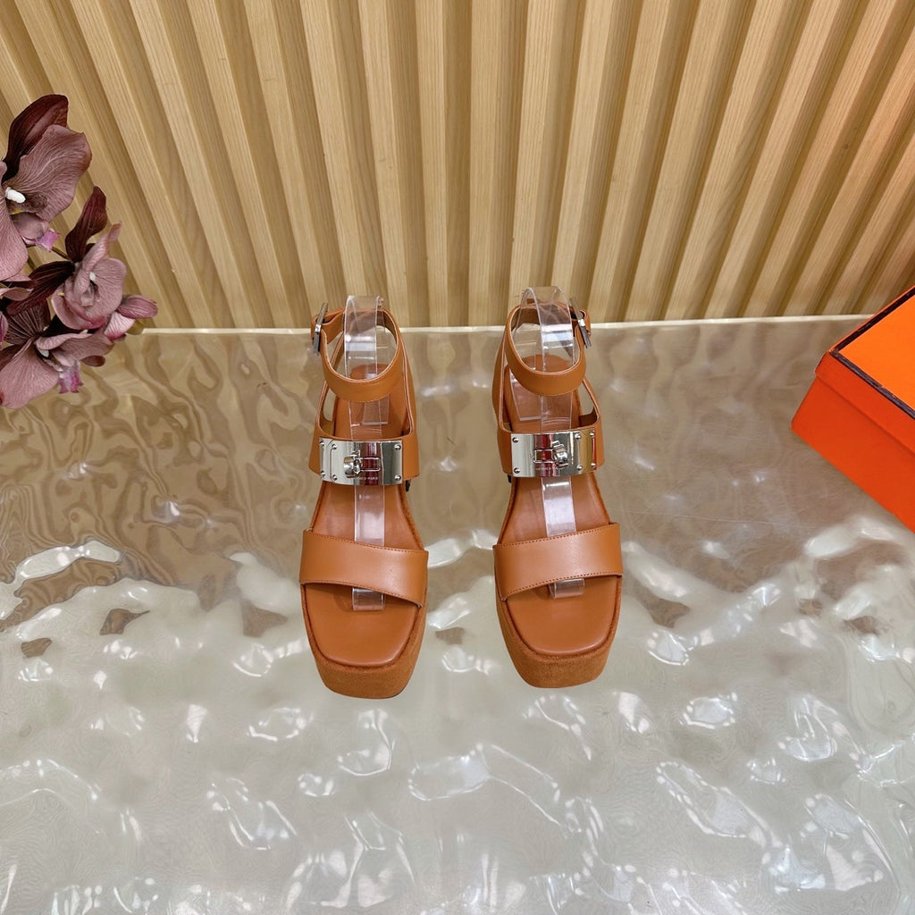 HERMES 25S CLASSIC WEDGE SANDALS 70 MM IN BROWN LAMBSKIN WITH SILVER HARDWARE