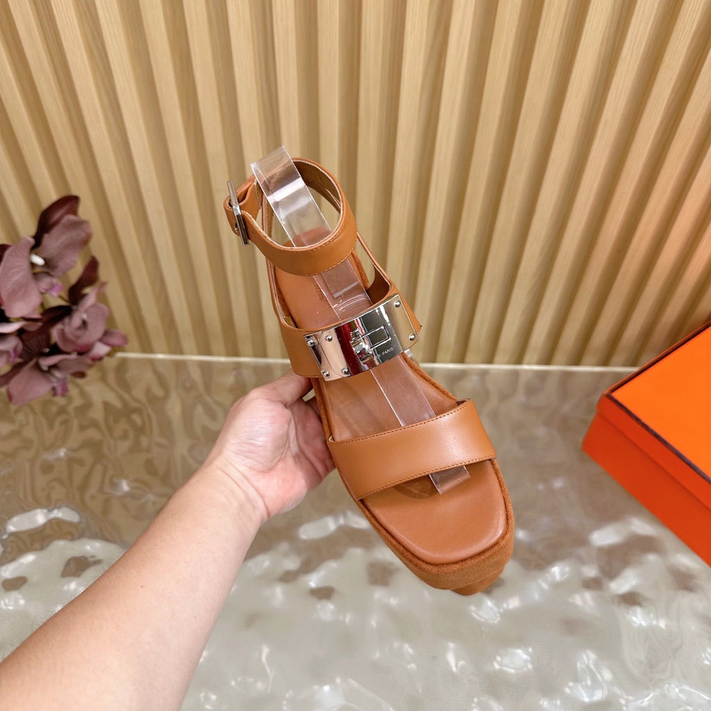 HERMES 25S CLASSIC WEDGE SANDALS 70 MM IN BROWN LAMBSKIN WITH SILVER HARDWARE
